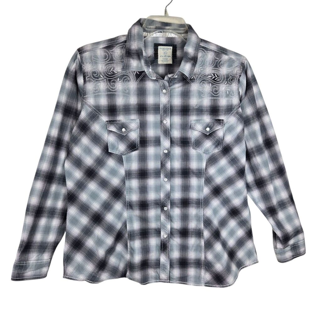 Panhandle Slim Womens Pearl Snap Buttton Shirt XL Plaid Gray Embroidered Western